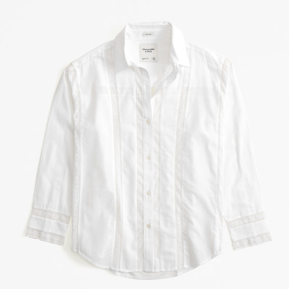 Abercrombie & Fitch Oversized Lace-Trim Embroidered Button-Up Shirt White